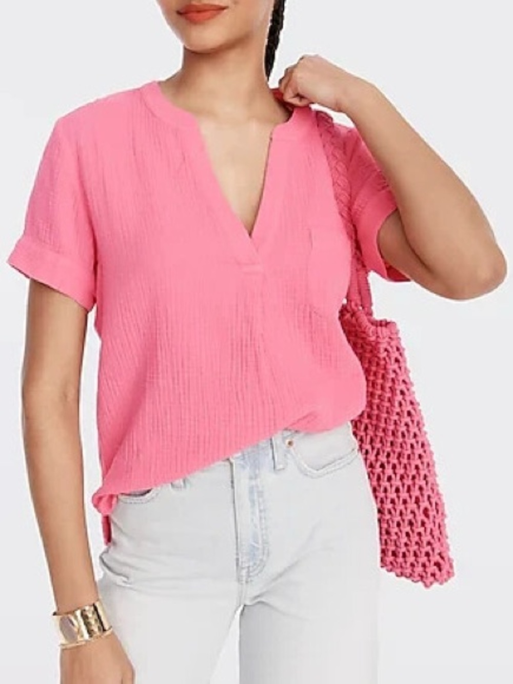 J Crew v-neck double gauze popover S short sleeve pocket lightweight timeless